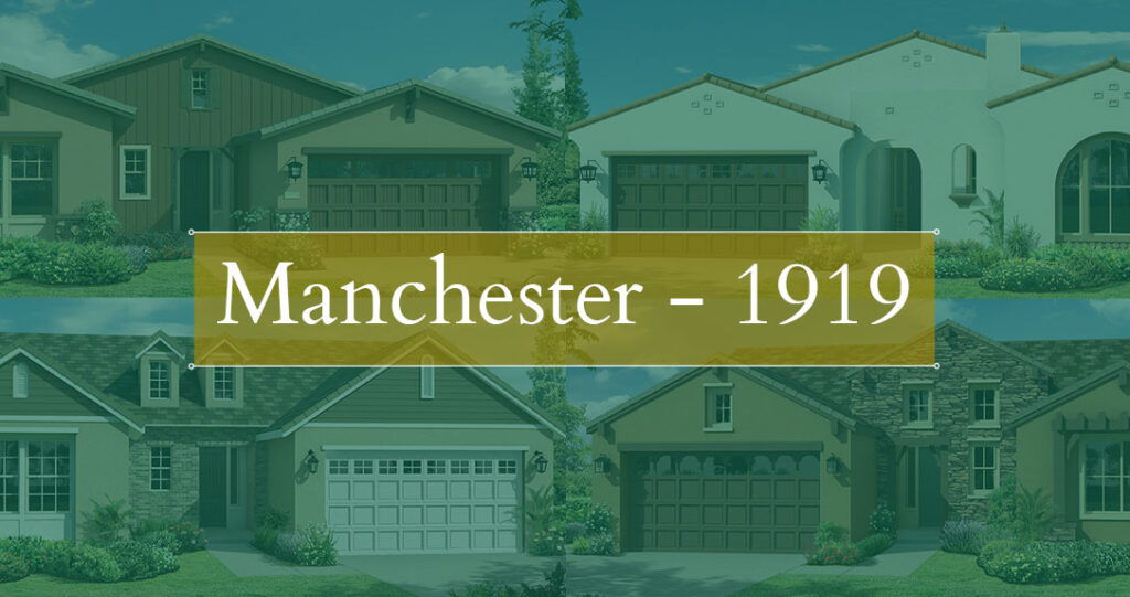 Illustration of various house styles with driveways under a banner that reads "manchester - 1919" against a clear sky.