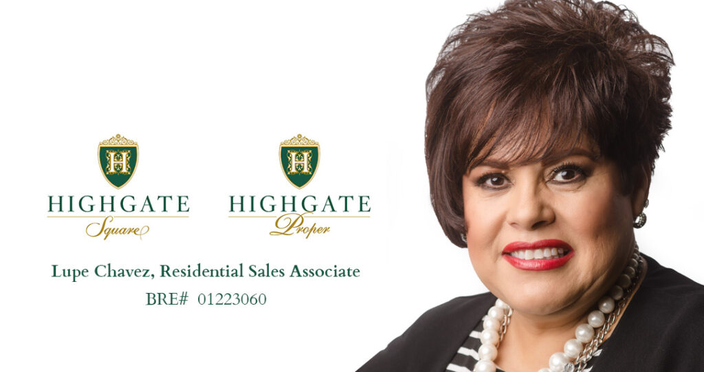 Professional portrait of lupe chavez, a residential sales associate, next to highgate square and highgate proper logos, with her name and license number displayed.