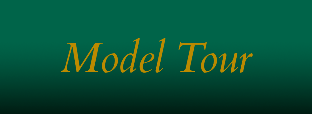 Dark green background with bold, orange text that reads "model tour" in a slightly italicized font.