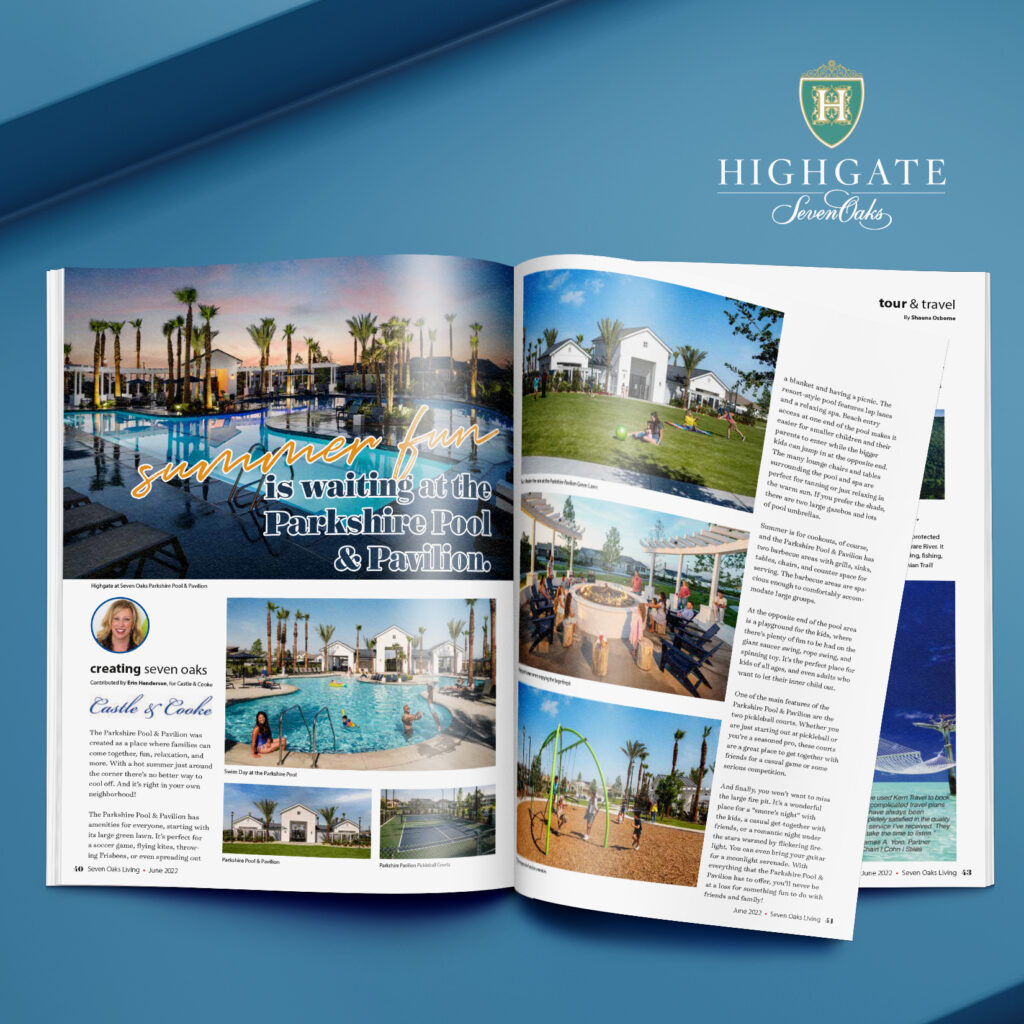 A promotional magazine spread for highgate seven oaks featuring images of a resort with pools and palm trees, labeled "summer fun is waiting at the parkshire pool & pavilion.