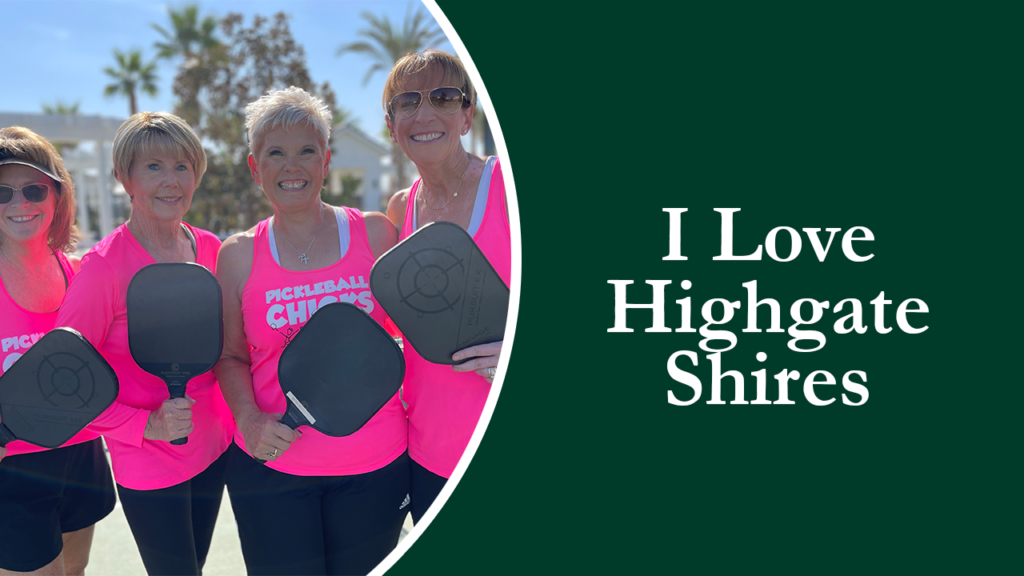 Four smiling women in pink t-shirts, holding pickleball paddles, standing outdoor with text "i love highgate shires" on a green and white background.