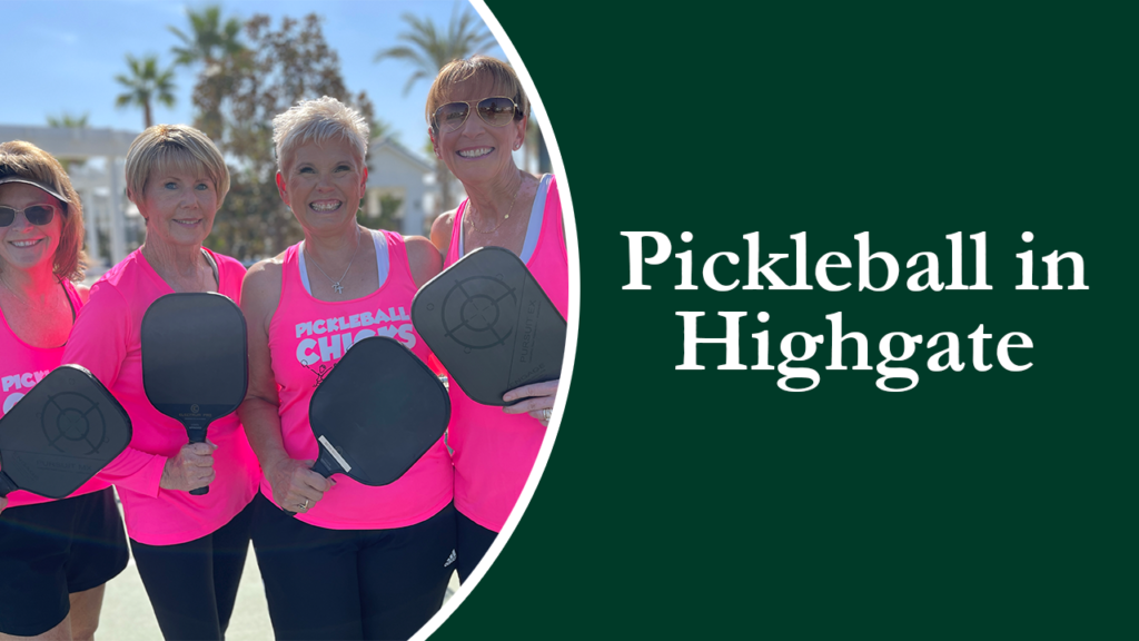 Four senior women in matching pink tops hold pickleball paddles, smiling outdoors, with text "pickleball in highgate" on a teal background.