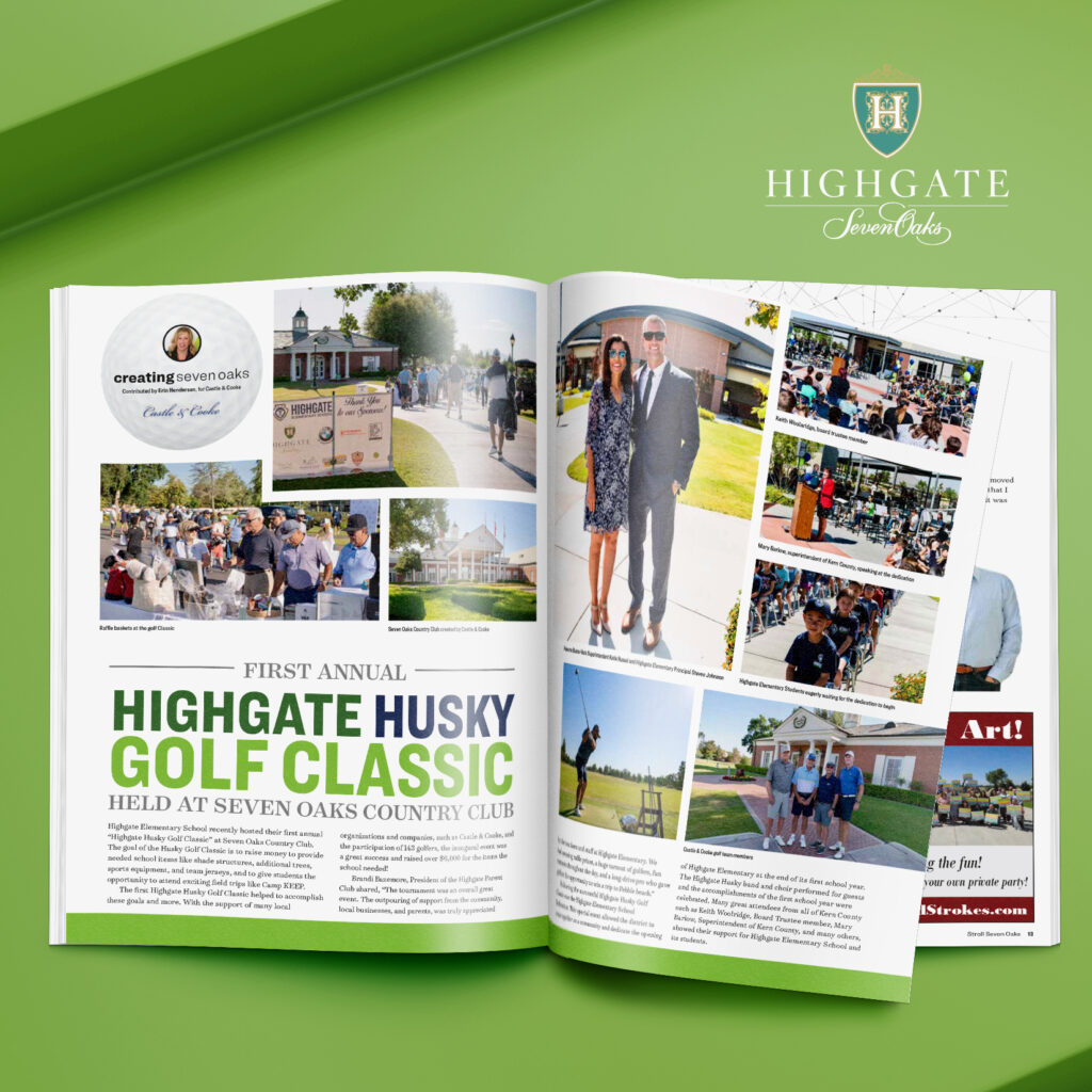 An open magazine featuring an article about the "first annual highgate husky golf classic" with various photos of attendees, the golf course, and event activities laid out on its pages.