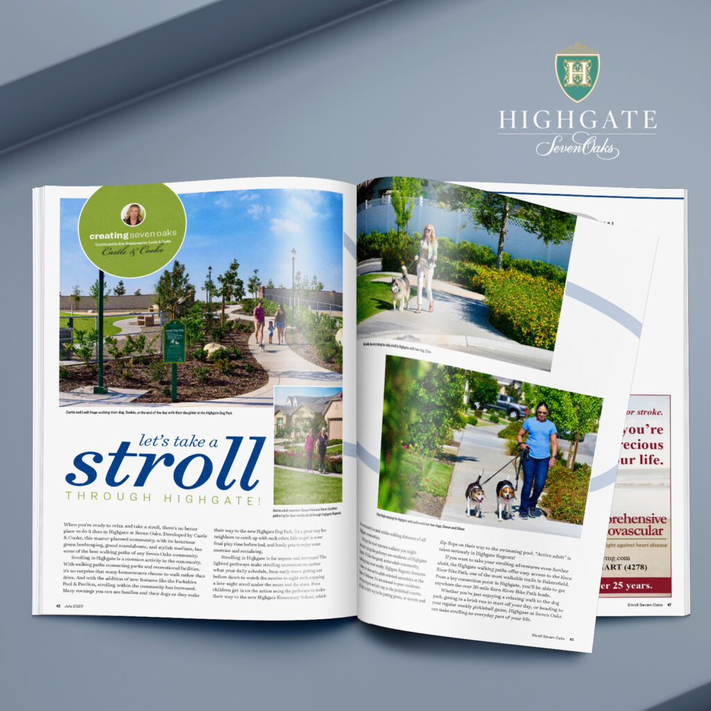 Promotional magazine spread for highgate seven oaks showcasing picturesque community spaces and residents enjoying outdoor activities, with text and images on a sleek, blue background.