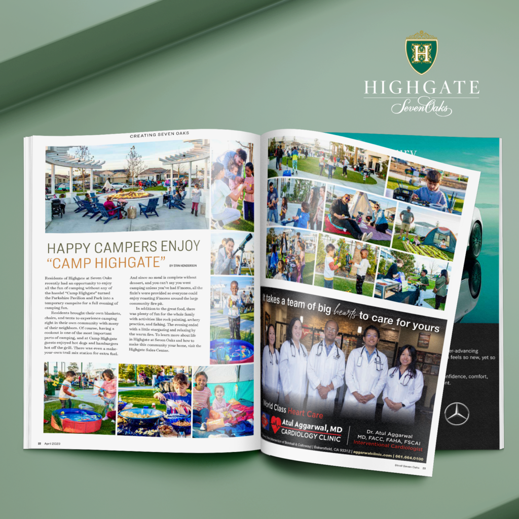 A promotional brochure for highgate tennis club showcasing various activities. the left page features kids at a camp, and the right has a team of healthcare professionals.