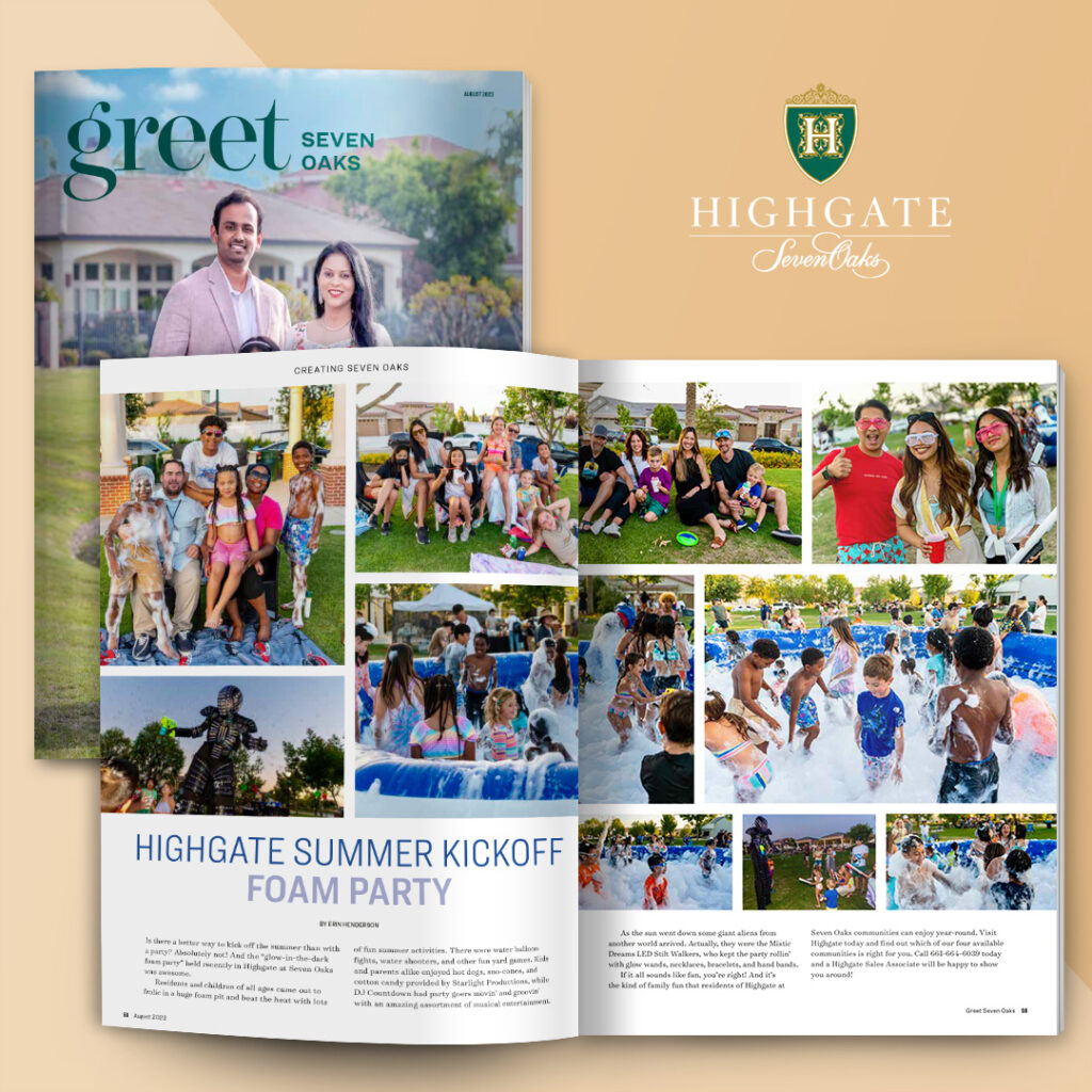 A magazine spread titled "highgate summer kickoff foam party" featuring a main photo of a happy couple and smaller images of families, children playing in foam, and a statue in a community event setting.