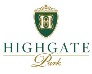 Elegant logo for "highgate park" featuring a stylized golden "h" within a green and gold shield, topped with a decorative crown element, set above the bold, green text of the park’s name.