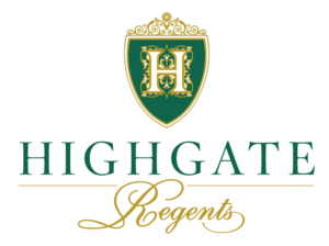 Logo of highgate regents featuring a green and gold shield with a decorative pattern, above which the name "highgate" is presented in large, serif font, and "regents" in a cursive script on a black background.