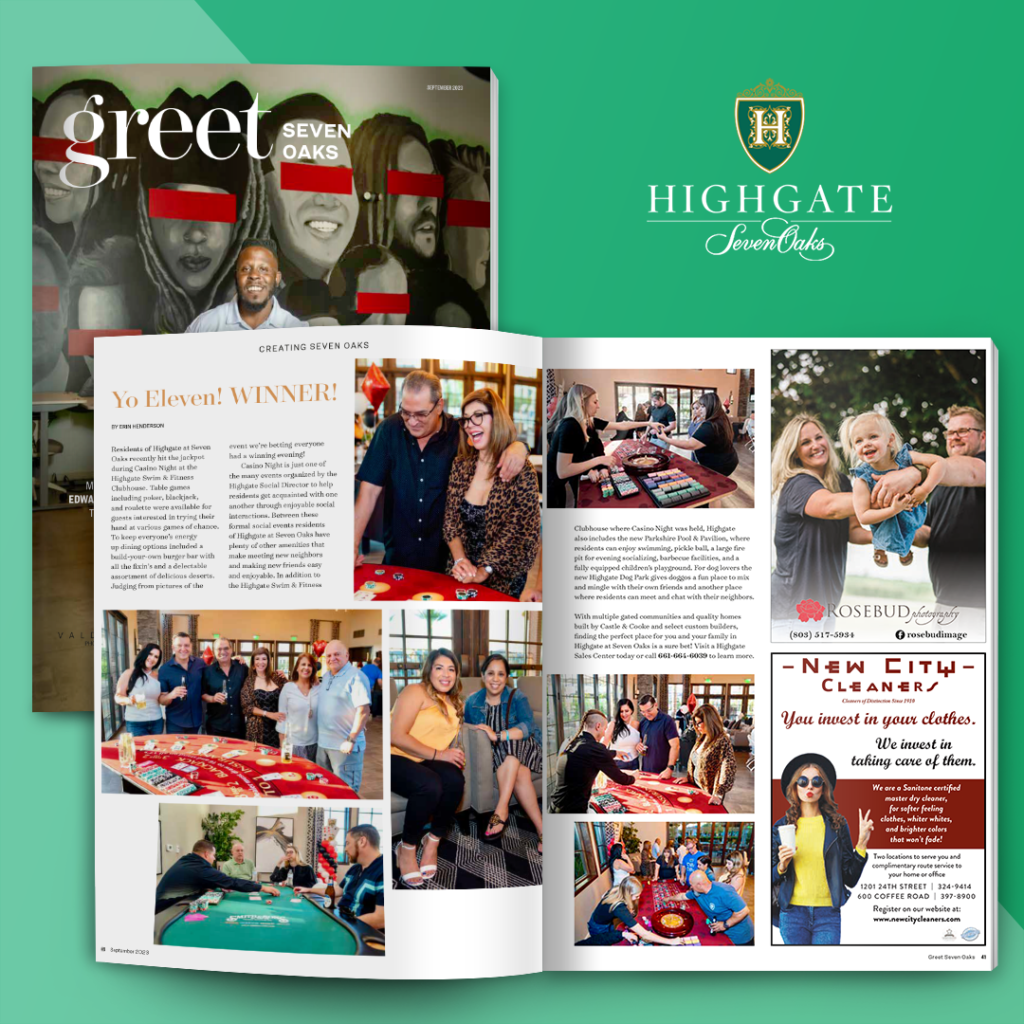 Collage of magazine pages from highgate, featuring diverse community events and stories, including articles about local businesses, families, and group activities. vibrant photos display social interactions.