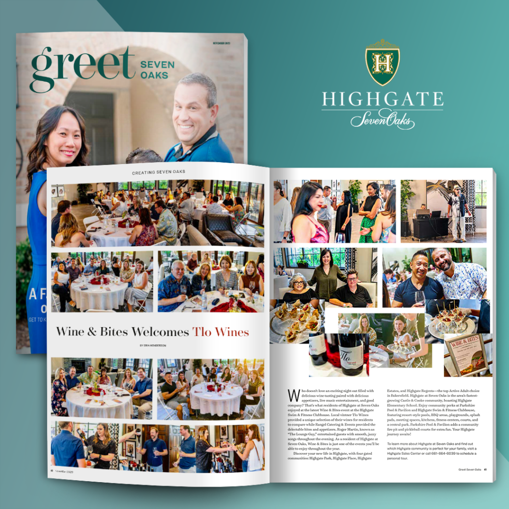 A magazine spread titled "highgate seven oaks" features photos of people at a social event. the left page has a header "greet seven oaks" with images of attendees smiling and mingling. the right side includes text and event photographs.