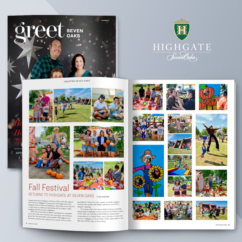 Magazine spread from "greet at seven oaks" featuring a family on the cover and various community event photos such as a fall festival, including people engaged in outdoor activities like painting and playing.