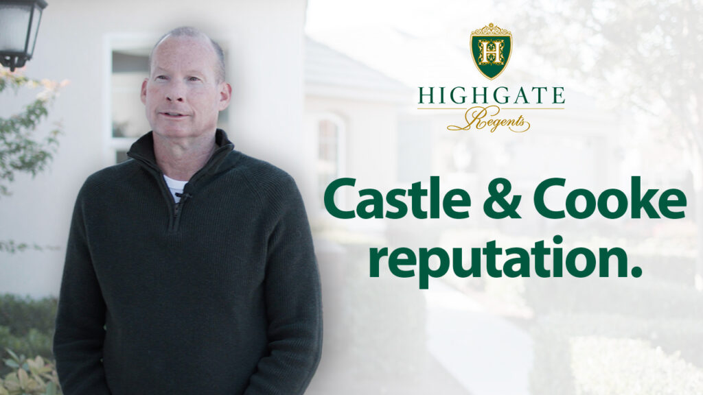 A middle-aged man in a dark sweater stands in front of a house, with the text "castle & cooke reputation" and the highgate regents logo on the image.