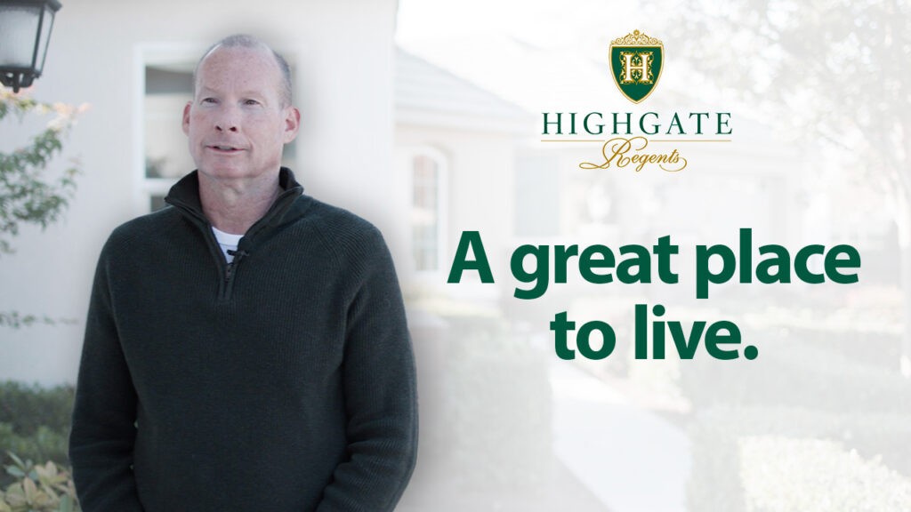 A middle-aged man stands outside a home with "highgate regents" branding and the text "a great place to live." in the foreground. he appears contemplative.