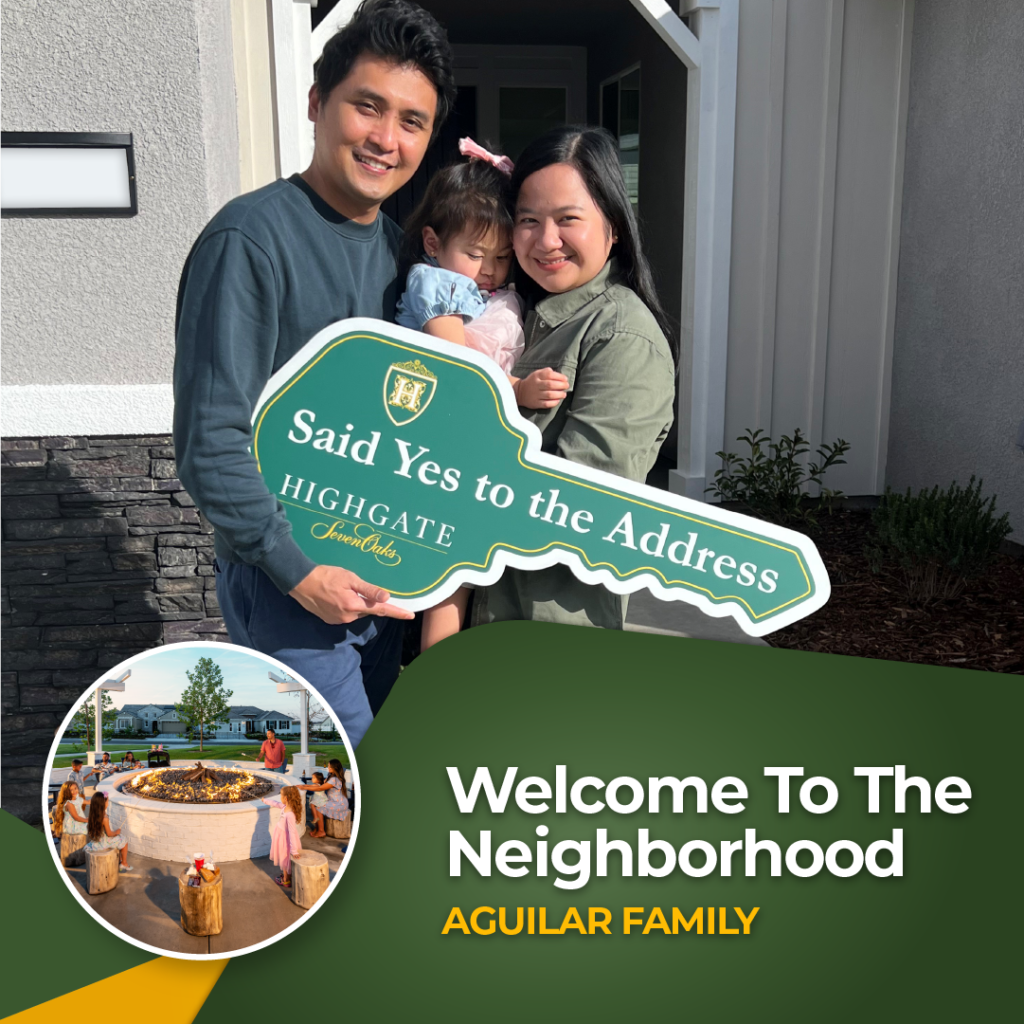 A family of three smiling outside their new home, holding a sign that says, "said yes to the address." below is a welcome message with their last name and images of a community event.