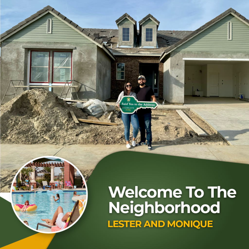 A couple stands in front of a new house under construction, holding a sign saying "sold! yes to the address". below is an image with the text "welcome to the neighborhood lester and monique" and a pool scene.