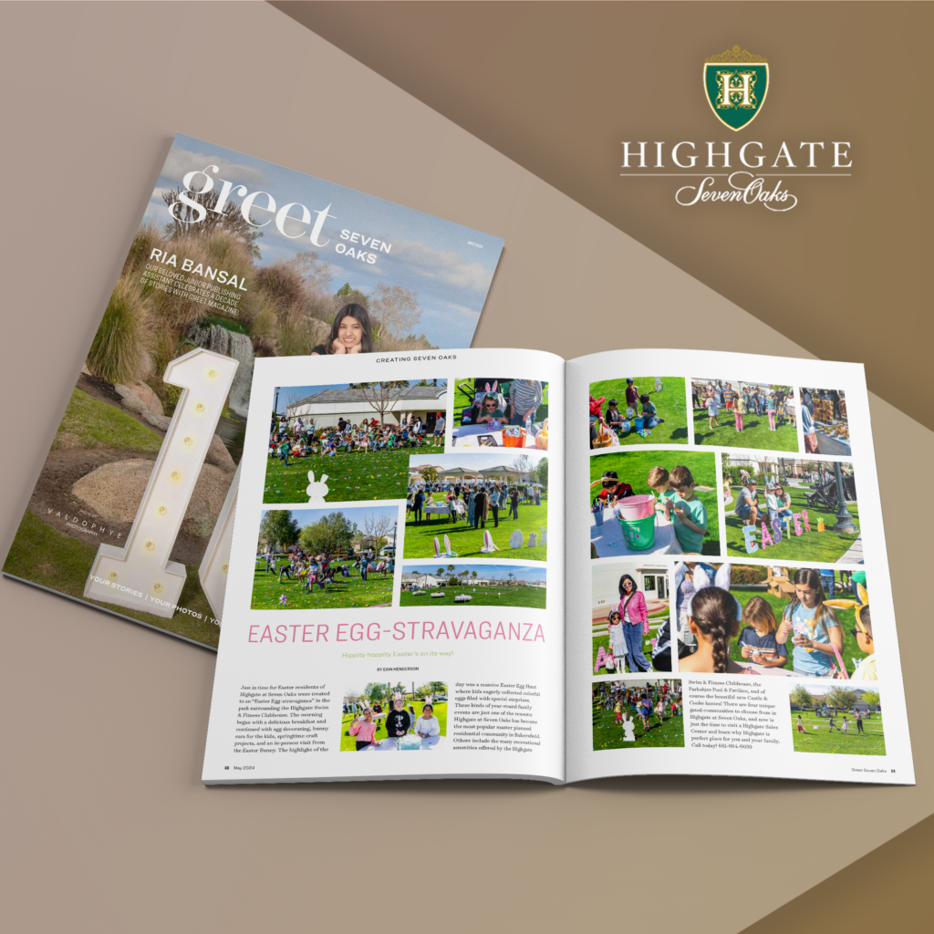 An open magazine features a colorful spread of a community easter event with photos of families, games, and outdoor activities. the magazine rests on a beige surface, with a logo "highgate seven oaks" at the top right.