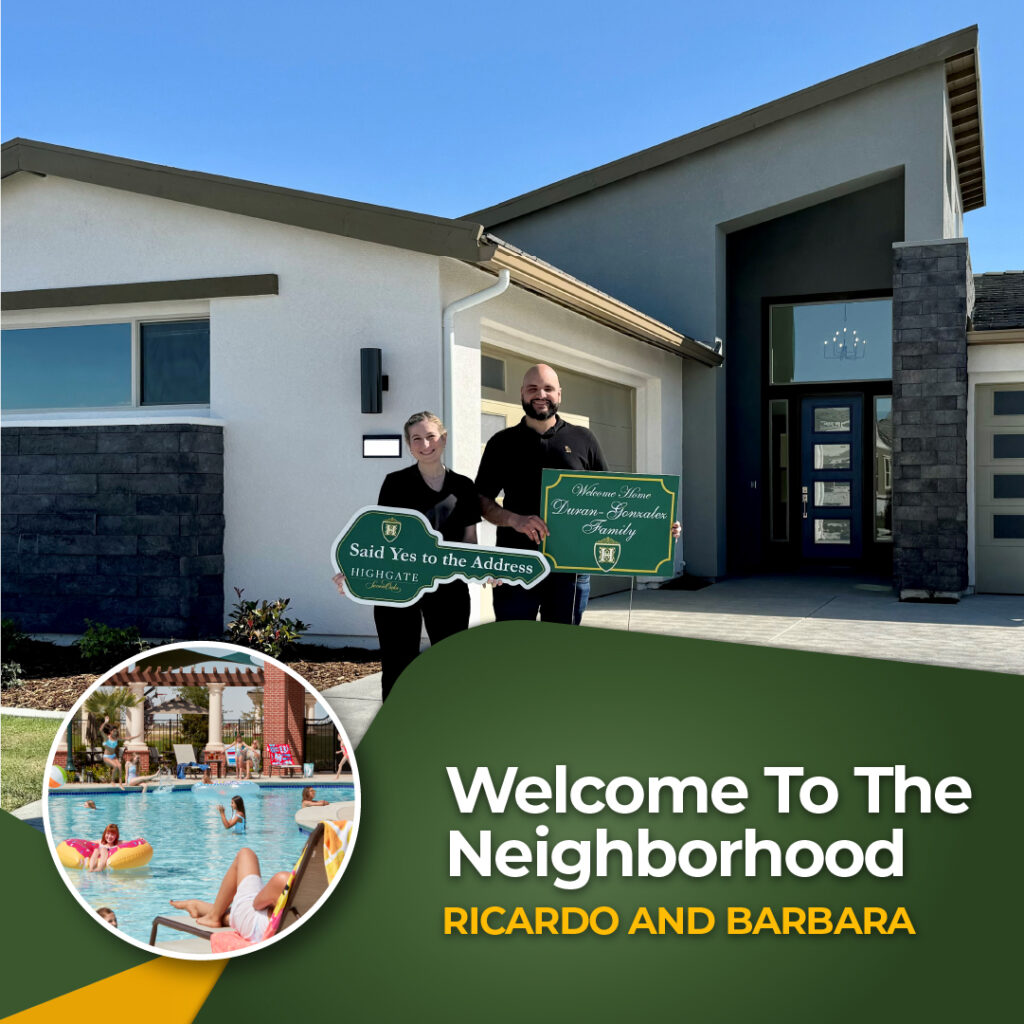 A couple stands in front of a new modern house holding "Said Yes to the Address" and "Welcome to Our Forever Home" signs. Below, a smaller inset image shows people enjoying a pool. Text reads: "Welcome To The Neighborhood, Ricardo and Barbara.