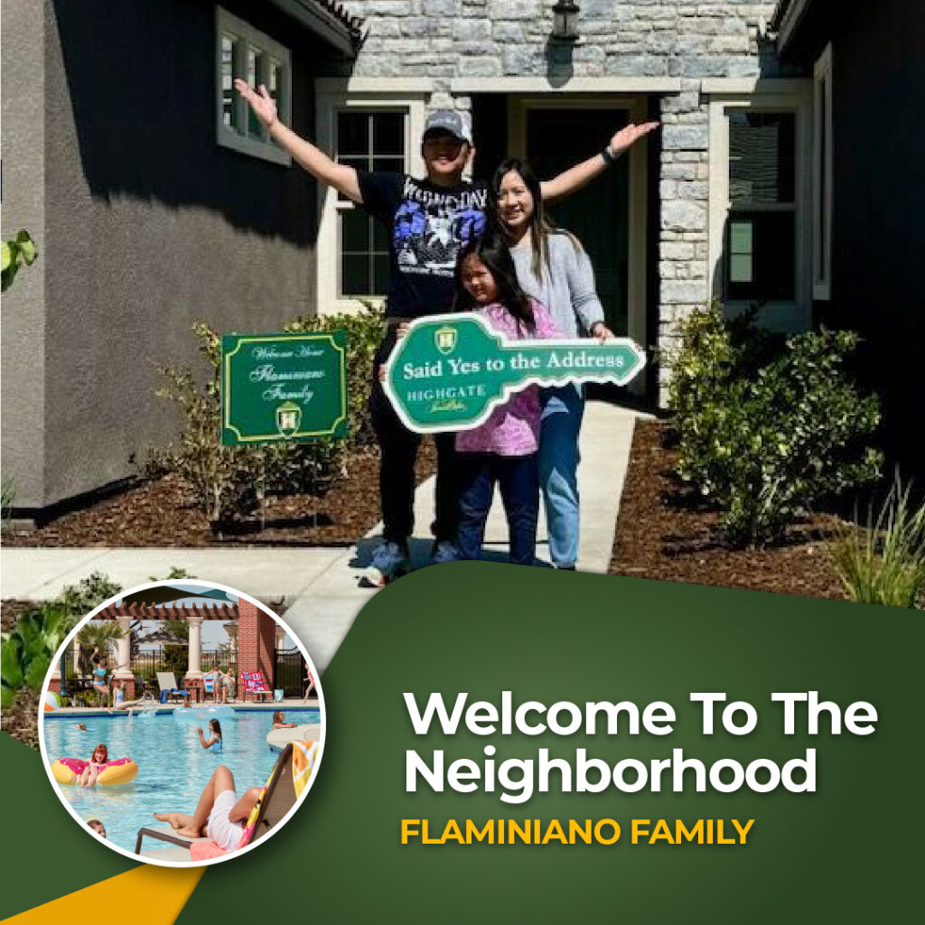 A family of three stands excitedly in front of a new house, holding a sign that reads "Said Yes to the Address." The image is captioned "Welcome to the Neighborhood - Flaminiano Family" and includes a small inset photo of a pool area.