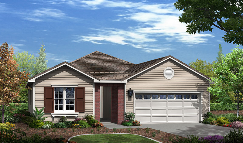 A single-story house with beige siding and brown shutters. The home has a two-car garage with white doors, a front porch with brick accents, and landscaped greenery in the yard. The sky is partly cloudy, and trees surround the house.