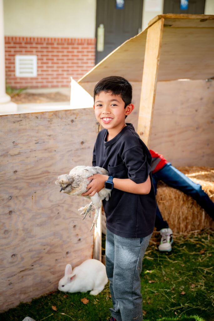 A young boy smiles while holding a chicken inside a small wooden animal pen. A white rabbit sits on the grass nearby, and a person in jeans is partially visible in the background, sitting on a hay bale.