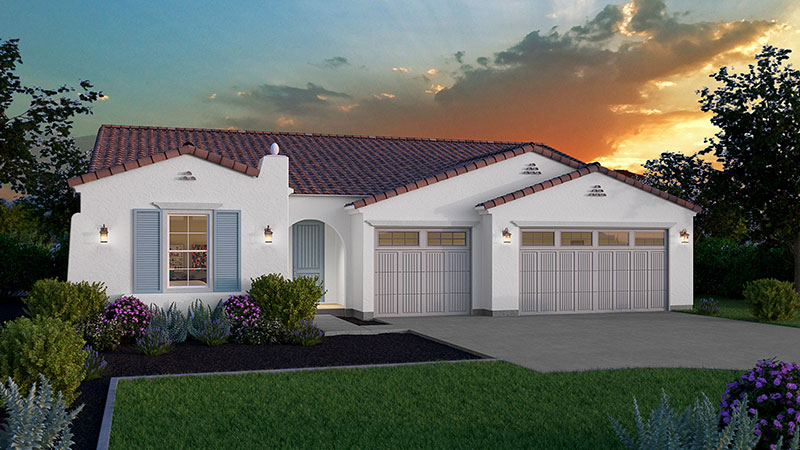 A single-story house with white stucco walls and a red tile roof is set against a vibrant sunset. It features blue shutters, a two-car garage, and a well-maintained front yard with shrubs and flowers.