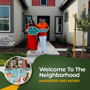 A smiling couple stands in front of a new house holding a sign that says "Said Yes to the Address." Below, an inset image shows a pool scene with lounging people. The text reads, "Welcome To The Neighborhood Amandeep and Money.