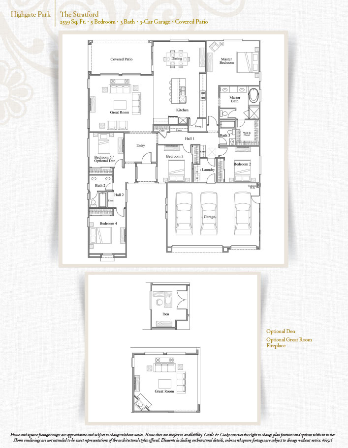 Floor plan of a 3,139 sq ft house named "The Stratford," showing 5 bedrooms, 3 bathrooms, a 3-car garage, and a covered patio. Includes an optional den and great room layout. Text notes about home features are visible at the bottom.