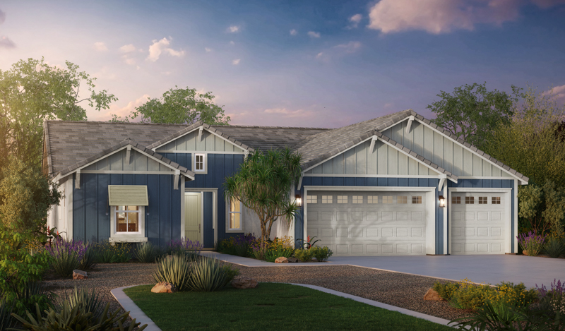 A single-story house with blue and white siding, three-car garage, and a large driveway. The yard features various plants and shrubs, and the sky is a mix of sunset colors, creating a serene atmosphere.