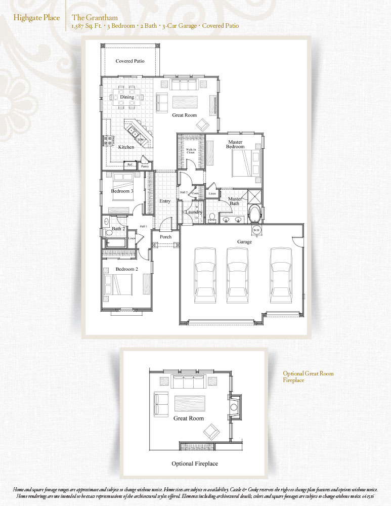 Floor plan of a home titled "Highgate Place: The Grantham." Features include 3 bedrooms, 3 baths, a 3-car garage, a covered patio, a great room, kitchen, dining, and optional fireplace. Includes optional great room layout with fireplace.