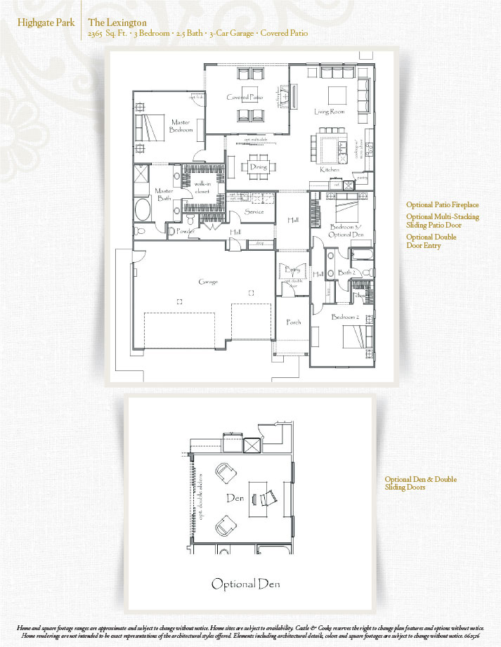 Floor plan of a house labeled "The Lexington" at Highgate Park, featuring 3 bedrooms, 4.5 bathrooms, a 3-car garage, and covered patio. Includes optional features like a fireplace, multi-sliding doors, den, pantry, and double sliding doors.