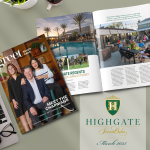 A magazine spread featuring a family on the cover, titled "Meet the Chapmans" with a backdrop of an outdoor living area. Nearby, an open article about Highgate Regents complements the elegant and green-themed design. The date reads March 2025.