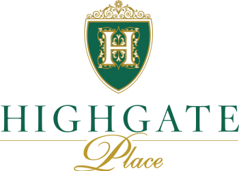 Logo of highgate place featuring an ornate shield with a green background and gold fleur-de-lis, topped by a crown, set against a black background with elegant gold text.